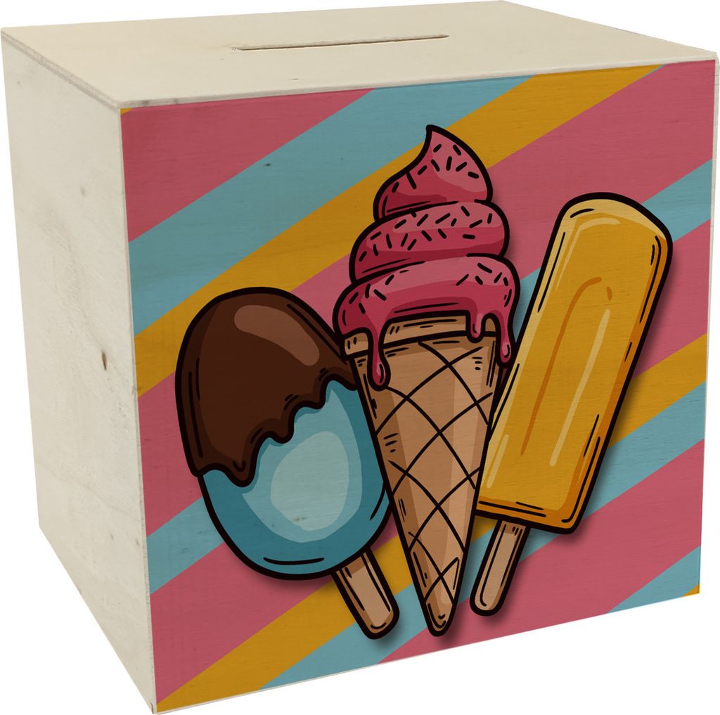 Eiscreme Spardose aus Holz mit verschiedenen leckeren Sorten