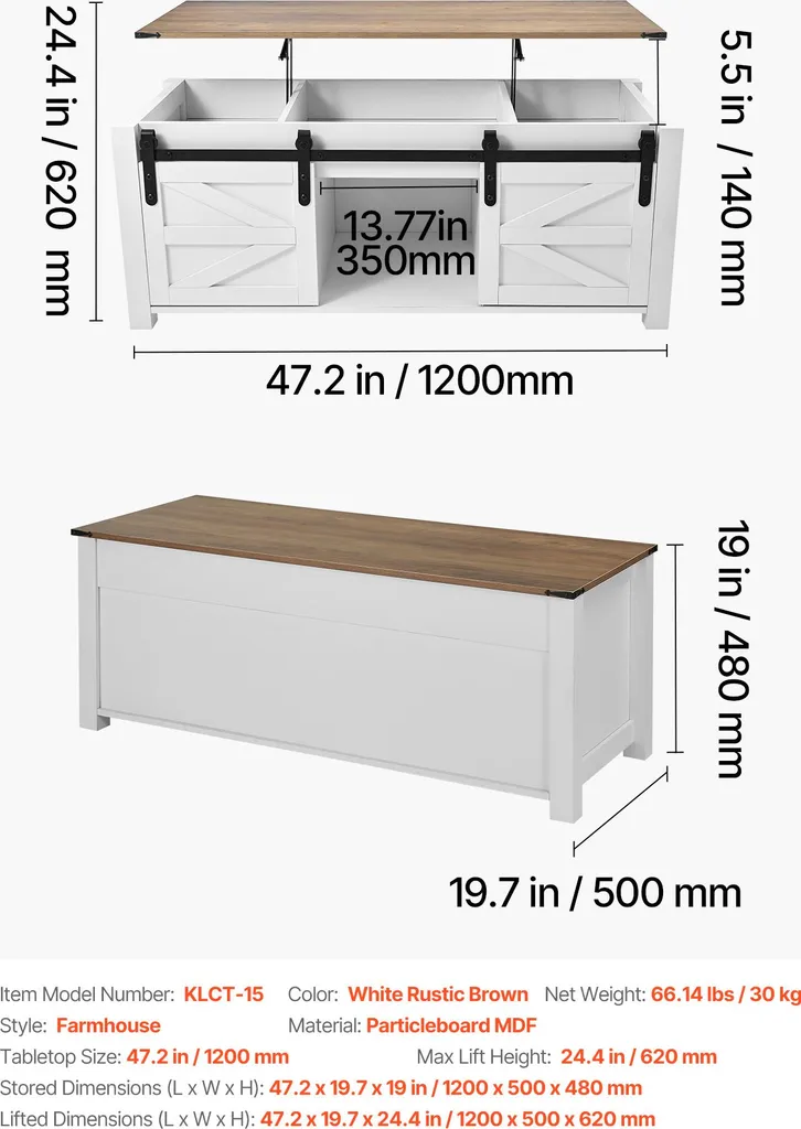 Table Basse Relevable avec Porte de Grange et Rangement Dissimulé Blanche