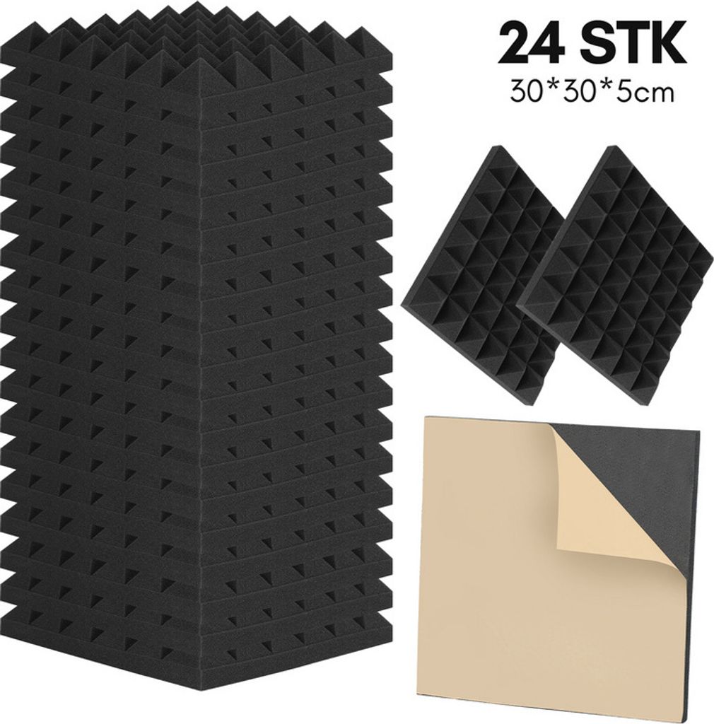 TolleTour 24X Akustikschaumstoff Selbstklebend Schwarz Absorber Pyramiden schaumstoffe,30x30x5cm