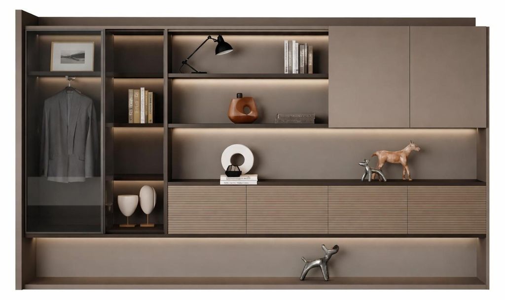 Modularer Büroschrank mit eleganter LED-Beleuchtung und Stauraum