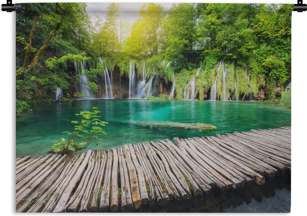 MuchoWow Wandteppich Wandbehang Brücke - Wasserfall - Natur 90x67.5 cm Tapisserie Dekoration Wandtuch - Fototeppich - Wand-Skulpturen