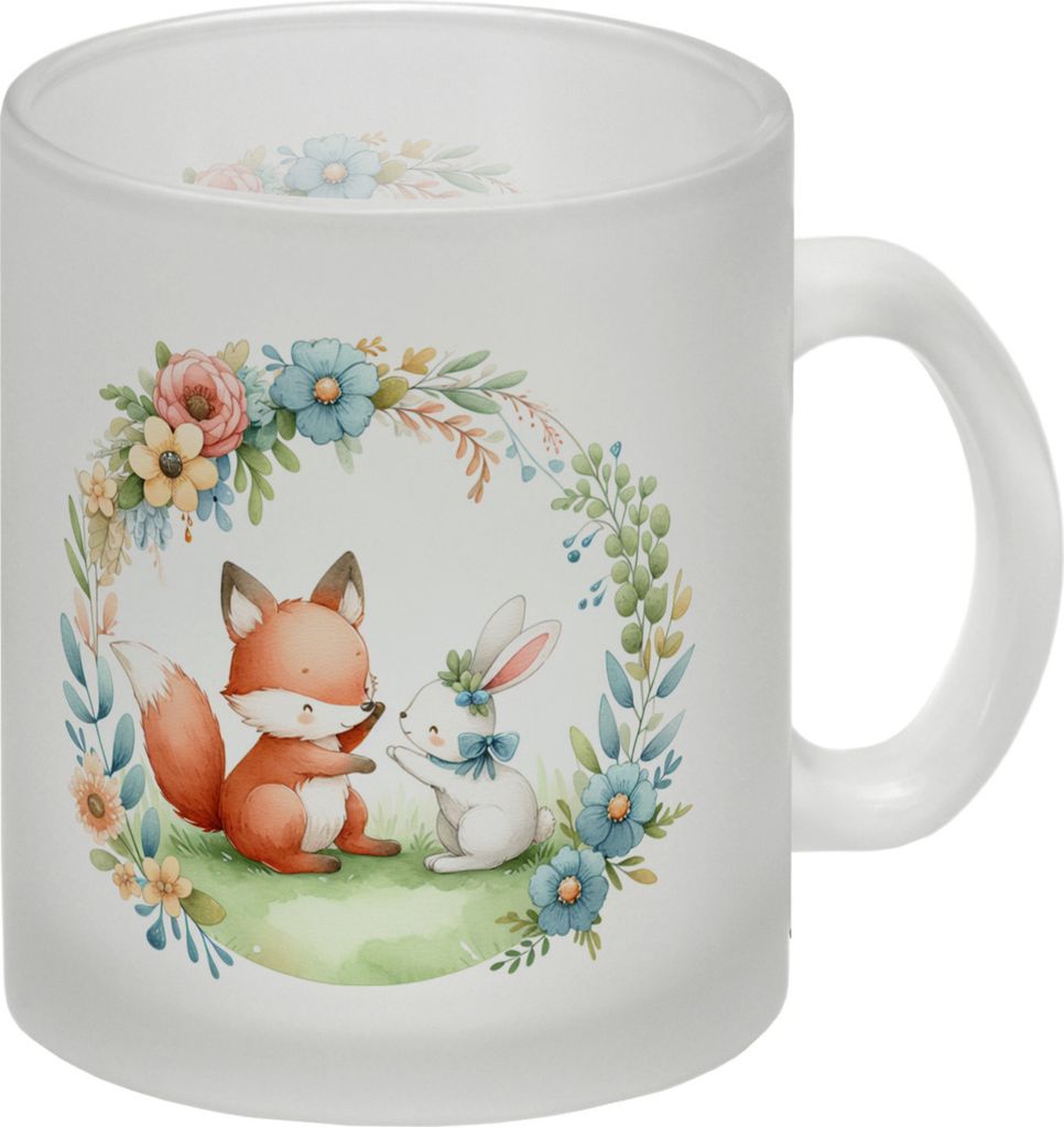 Fuchs und Hase mit Blumenkranz Glas Tasse