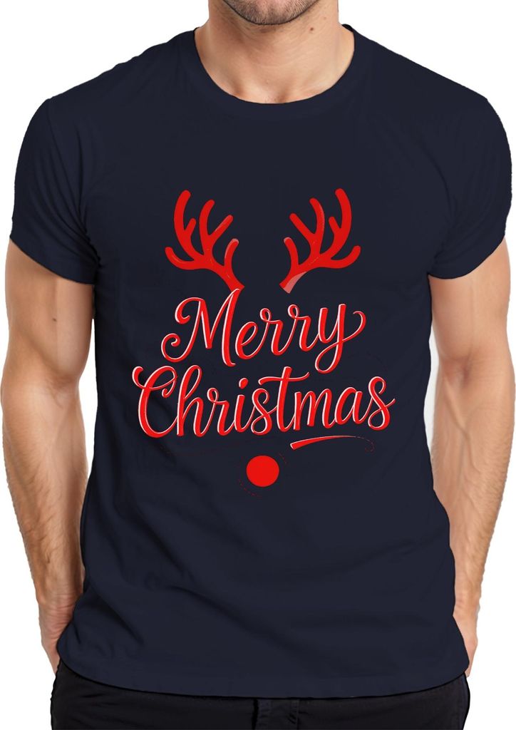 Merry Christmas Rentier Rudolph Weihnachten Festlich Lustig Retro Herren T-Shirt, Navy, XL