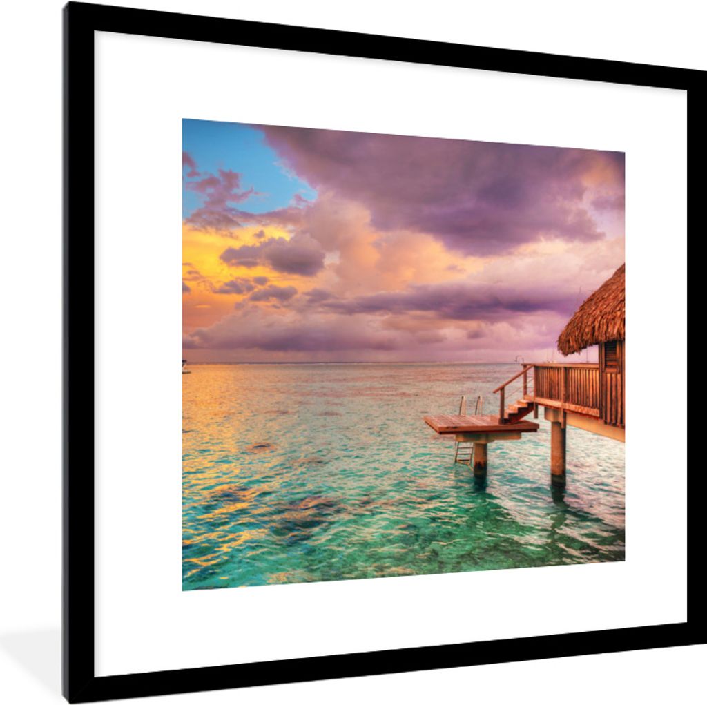 MuchoWow MuchoWow Gerahmtes Poster Bungalow mit Sonnenuntergang auf der Insel Mo'orea 40x40 cm - Poster mit zchwarzem Bilderrahmen - Poster - P...