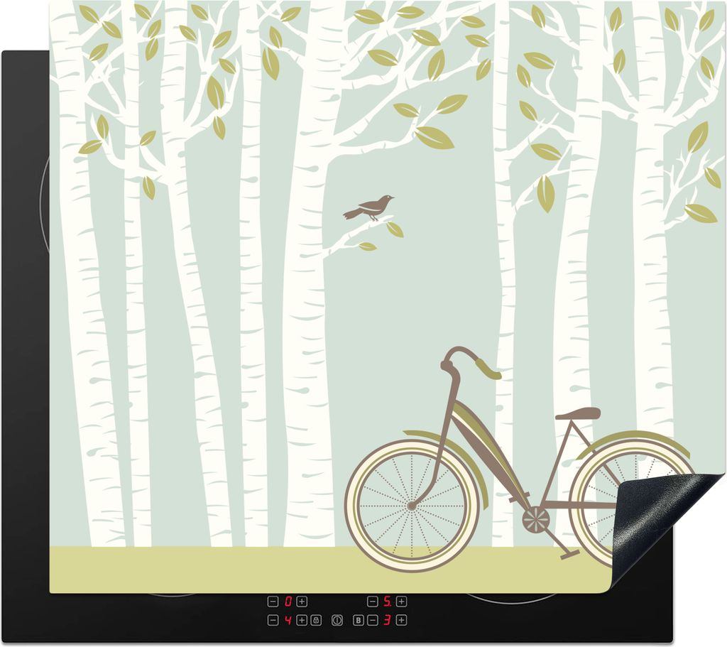 KitchenYeah Herdabdeckplatte Eine Illustration eines Fahrrads am Rande eines Waldes mit Birken , 60x52cm, Küche Deko, Glaskeramikfeld Herdabdeck...