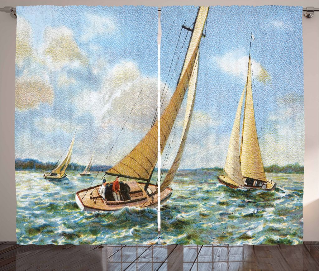 ABAKUHAUS Vintage Boat Rustikaler Vorhang, Segeln Wellenförmige Meer, Wohnzimmer Universalband Gardinen mit Schlaufen und Haken, 280 x 245 cm, Meh...