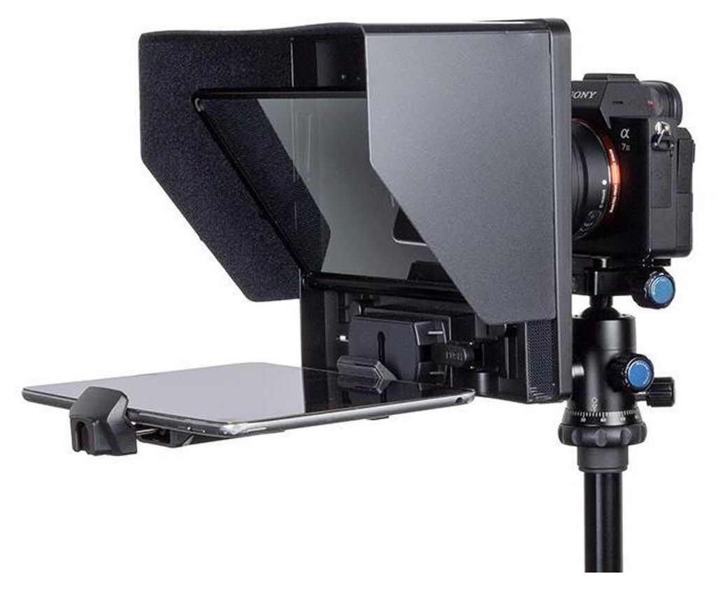 A teleprompter setup with a camera mounted on a tripod.