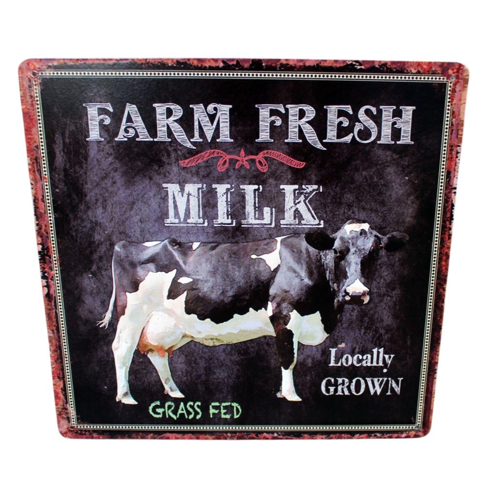 Blechschild mit Kuh Motiv im Shabby Chic Stil 'Farm Fresh Milk' 30 x 30 cm