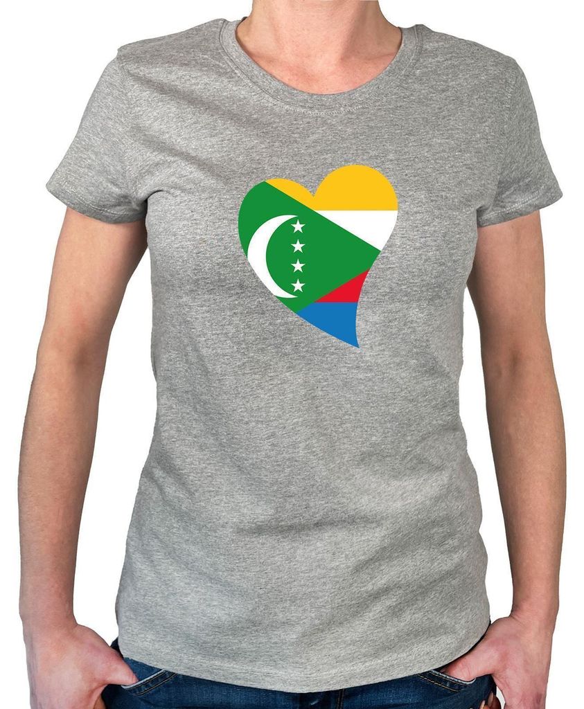 Huuraa Damen T-Shirt Komoren Flagge Herz XXL Sport Grey Bio Baumwolle Fairtrade Damenshirt Geschenkidee