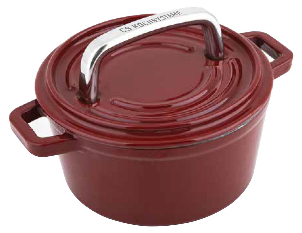 A red enameled cast iron mini pot with a silver handle on a white background.