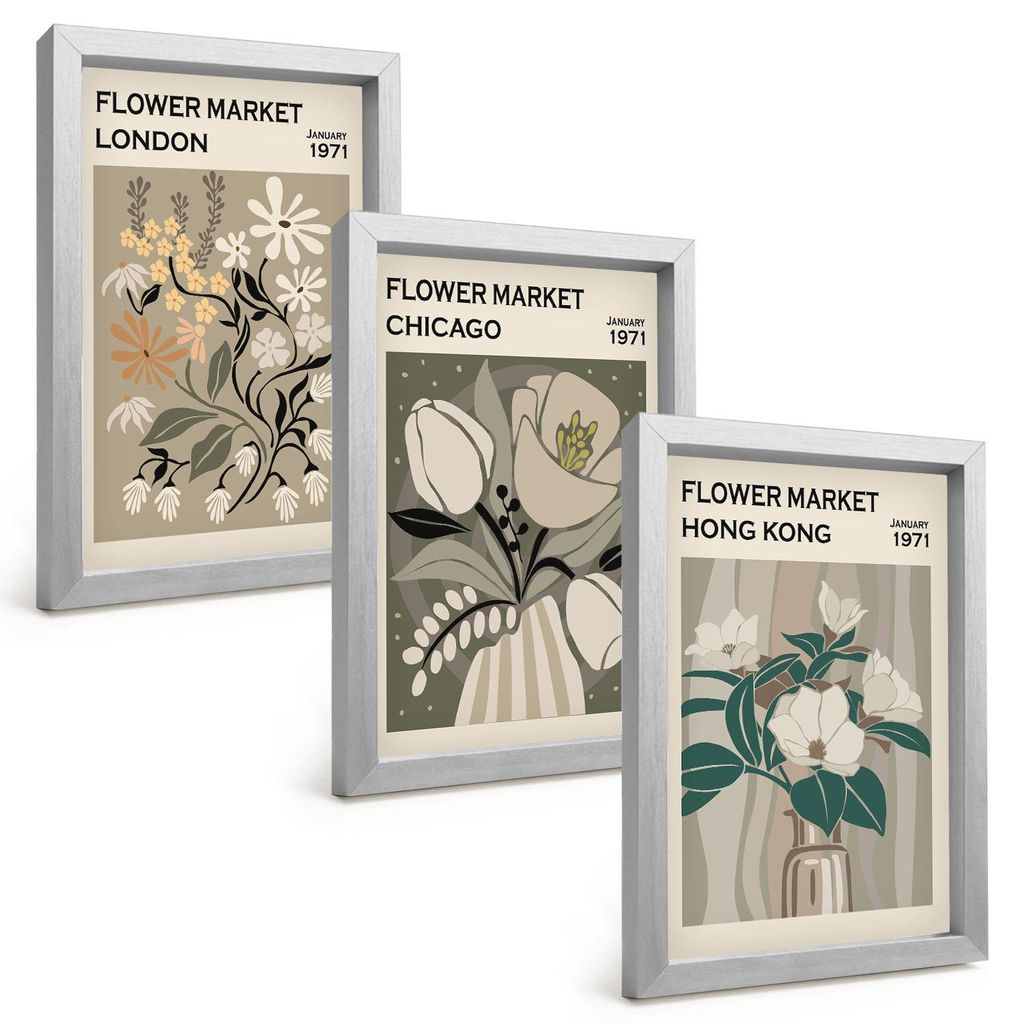 Bilder Set 3-teilig im silbergerahmten Rahmen – Wandbilder 3 Stück – gerahmte Poster für Wohnzimmer, Schlafzimmer und Flur – 20x30 cm – B...