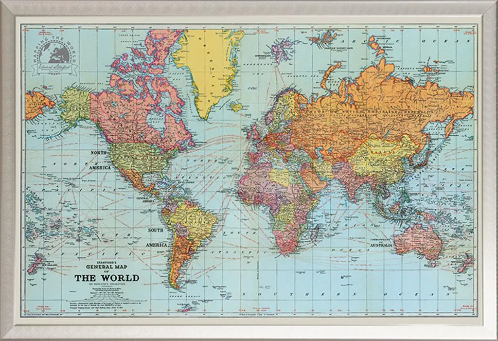 Poster mappemonde ancienne encadré sous verre acrylique Shinsuke argent
