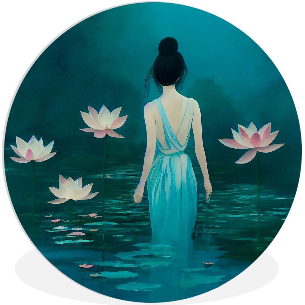 MuchoWow Rundes Wandbild - Runde Bilder Frau - Porträt - Wasser - Blumen - Lilie Ø 90 cm Kreis Wanddekoration Kunststoff - Wandkreis - Wandschm...