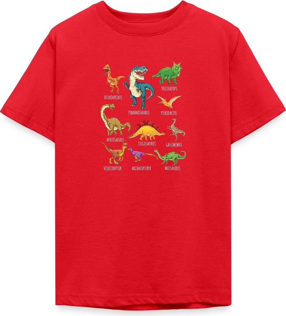 Spreadshirt Dinosaurier Arten Übersicht Dino T-Rex Comic Teenager T-Shirt, 134/146 (9-11 Jahre), Rot