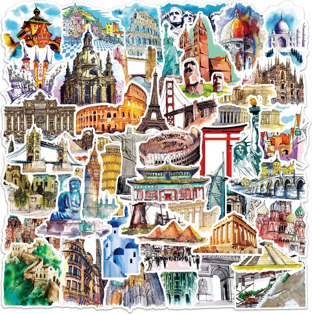Reiseaufkleber Wasserfeste Aufkleber Sticker Set, 50 Stück Reiseaufkleber mit weltberühmten Sehenswürdigkeiten, Geeignet für Laptops, Koffer, H...