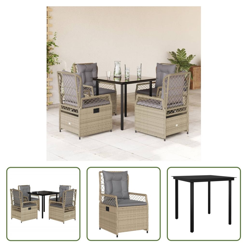 The Living Store 5-tlg. Garten-Essgruppe mit Kissen Beige Poly Rattan