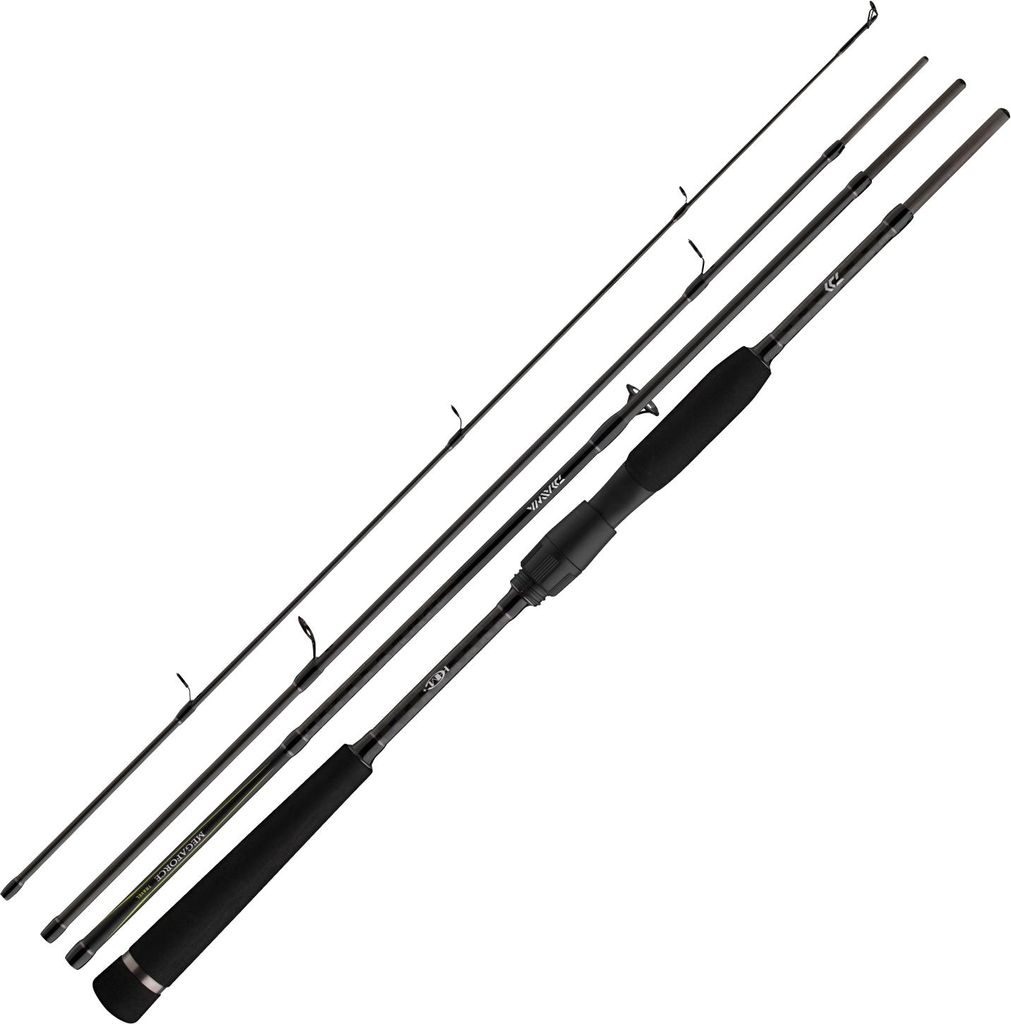 Multiple fishing rods are laid out diagonally against a white background.