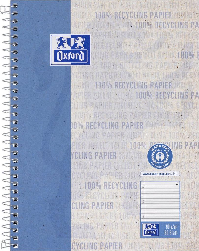 Collegeblock - A5+ liniert 80 Blatt 90 g/qm Recycling 6-fach Lochung Rand links. Packung mit 5 Stück
