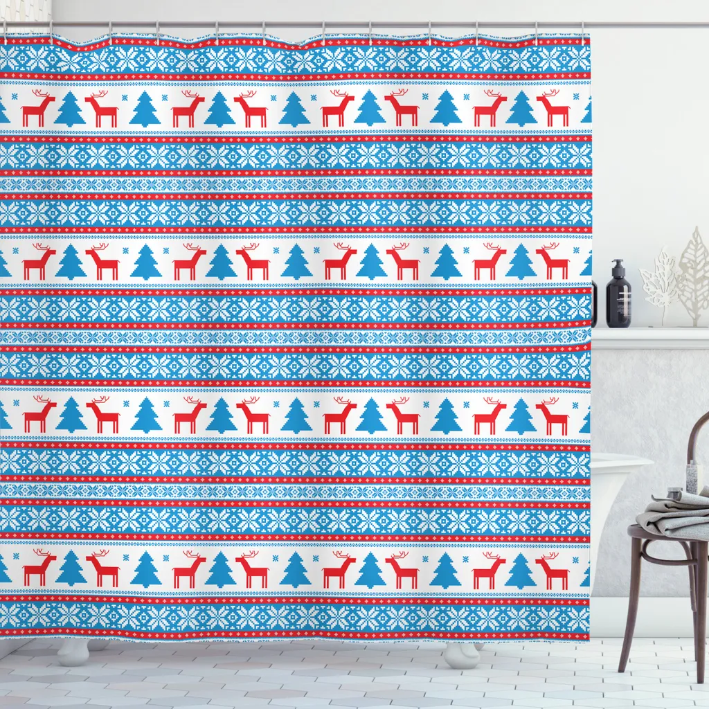 ABAKUHAUS Tenda da doccia natalizia, Folk Knit Art-Kunst, impermeabile, inclusi 12 anelli, resistente a batteri e muffe, 175 x 240 cm, blu rosso
