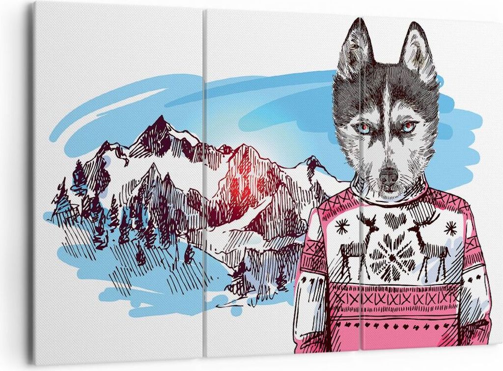 Bild auf Leinwand - Leinwandbild - Husky Berg Kinder Mode - 165x110cm - Wand Bild - Wanddeko - Leinwanddruck - Bilder - Kunstdruck - Wanddekoration...