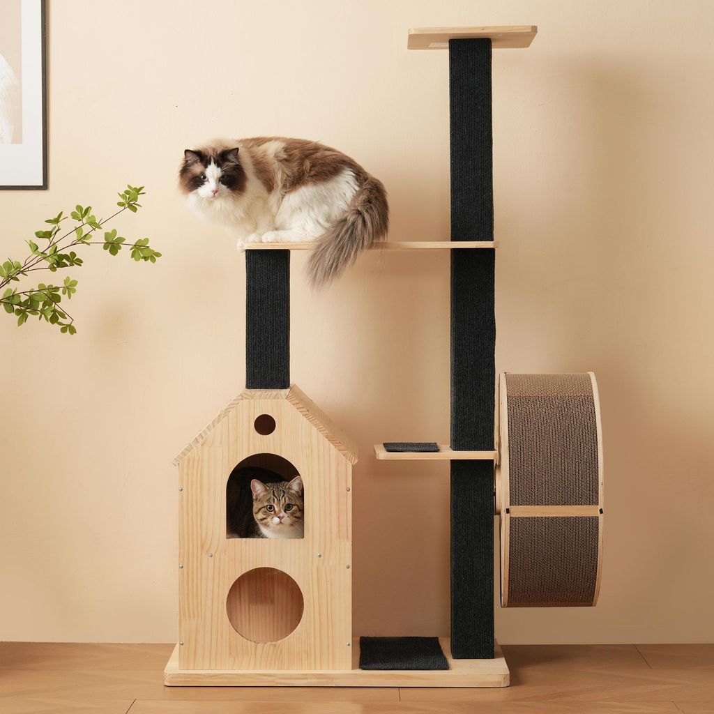 Zimilo Katzenbaum Massivholz mit Laufrad, 152cm, 4 Ebenen, 2 Katzenhäuser, Sisalpfosten, Abnehmbare Kratzmatten, Stabil, Katzenklettergerüst