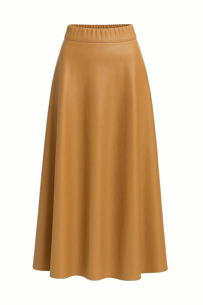 404_Mississhop Damen A-Linien langer Rock mit Gürtel – Kunstleder Camel