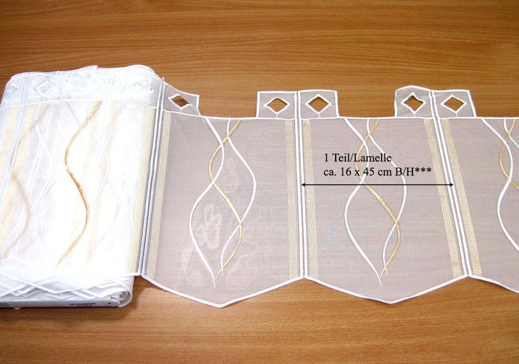 1 Teil / Lamelle Kurzgardine mit Stickerei creme-gold 16x30cm B/H