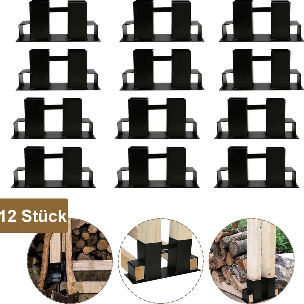 Set di 12 supporti per impilare il legno di Yakimz, acciaio rivestito, nero, supporto in legno fai-da-te per legno squadrato, set di 12 contenitori in legno