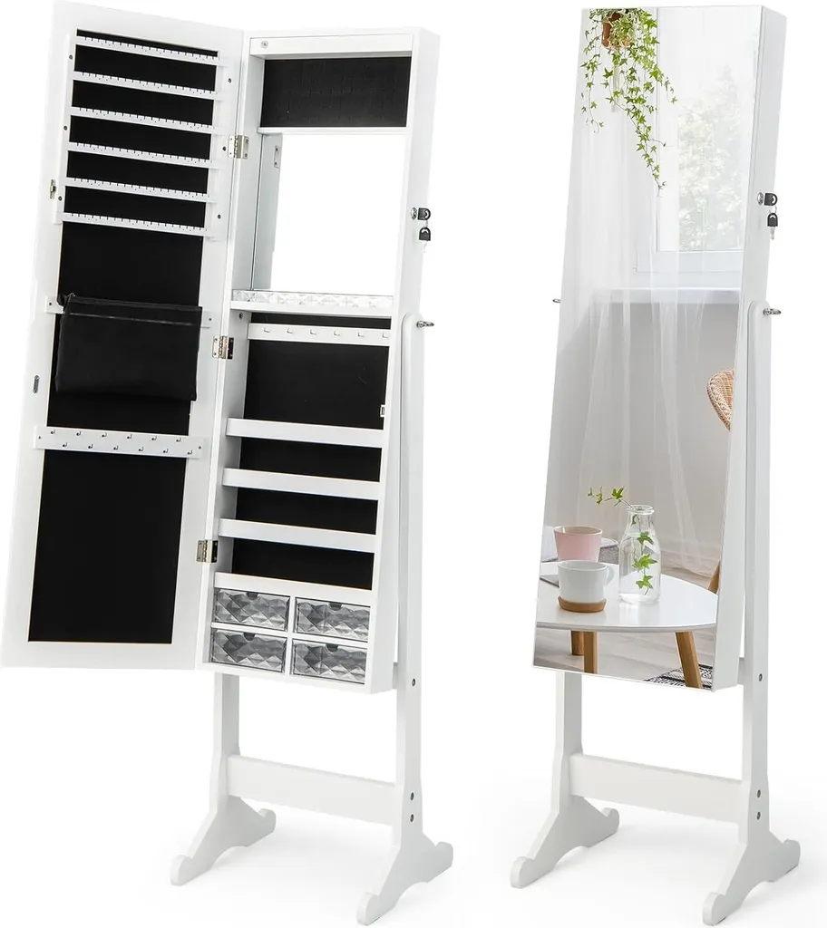Armoire à bijoux verrouillable avec miroir LED et étagères intérieures