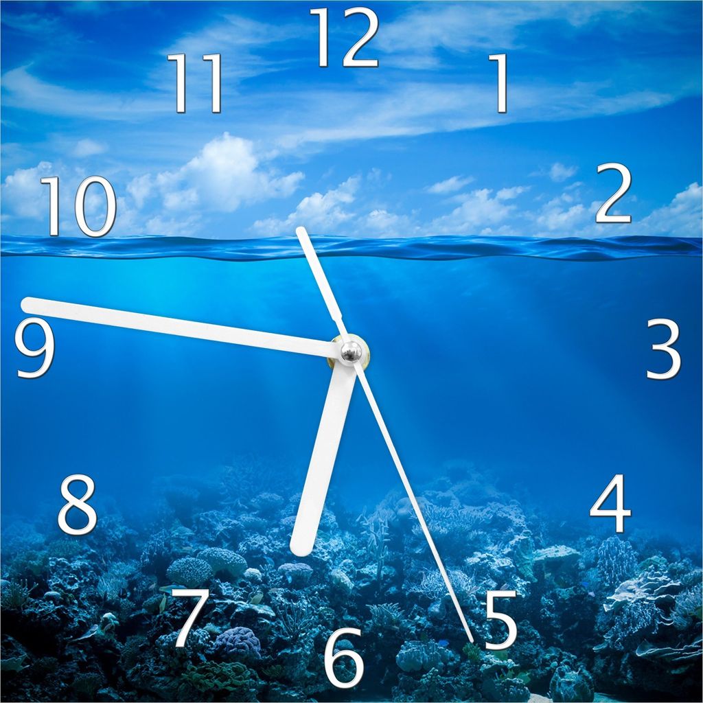 Wallario Design Wanduhr Unterwasserwelt Meer aus Echtglas, Größe 20 x 20 cm