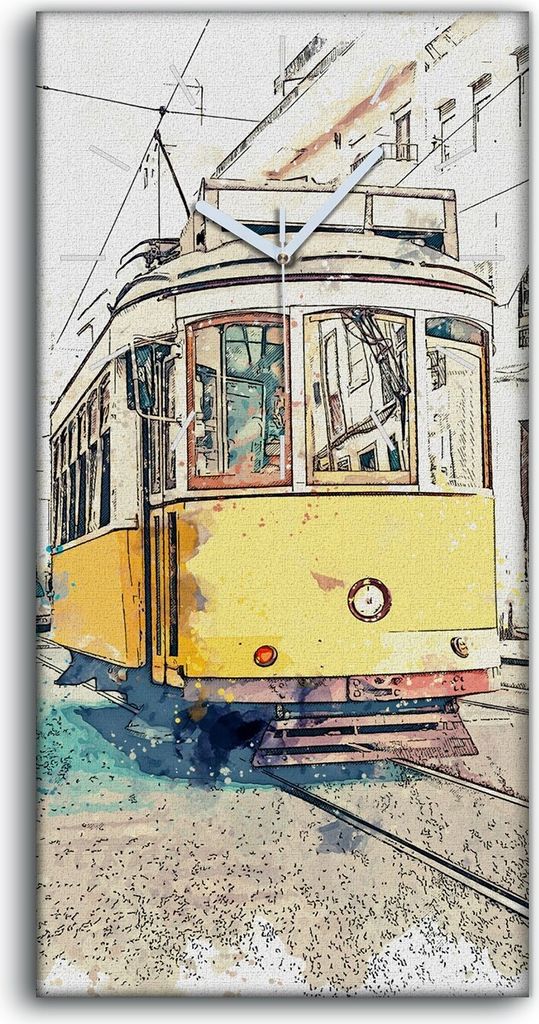 Wanduhr Leinwand Bild Uhr Quarz 30x60 Skizze mit Aquarell Straßenbahn City - weiße Hände