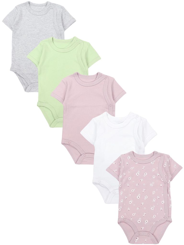 TupTam Baby Body Kurzarm 5er Pack – Wickelbody Body Baby aus Baumwolle für Jungen und Mädchen, Farbe: Pink_Blumen_Punkte_Grau_Grün, Größe: 68