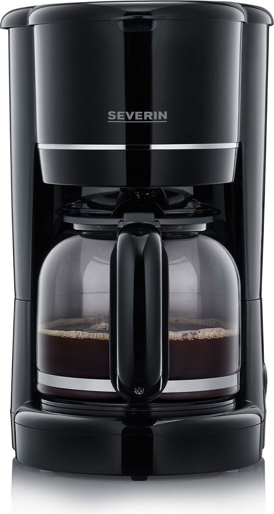 A black Severin coffee maker with a glass carafe filled with coffee.