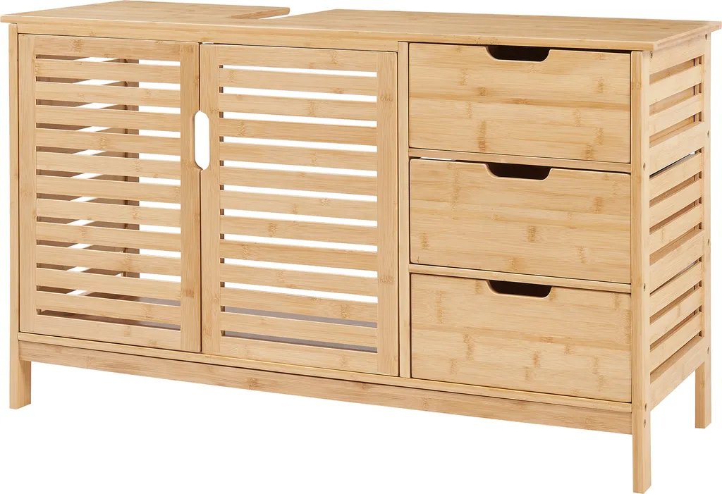 Meuble sous-vasque Boksereys en bambou naturel 60x100x35cm à 3 tiroirs