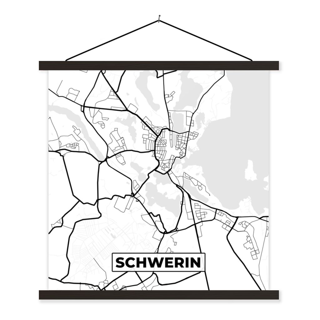 MuchoWow Textilposter Stadtplan - Schwerin - Karte 90x90 cm mit schwarzem Rahmen - Magnetisches