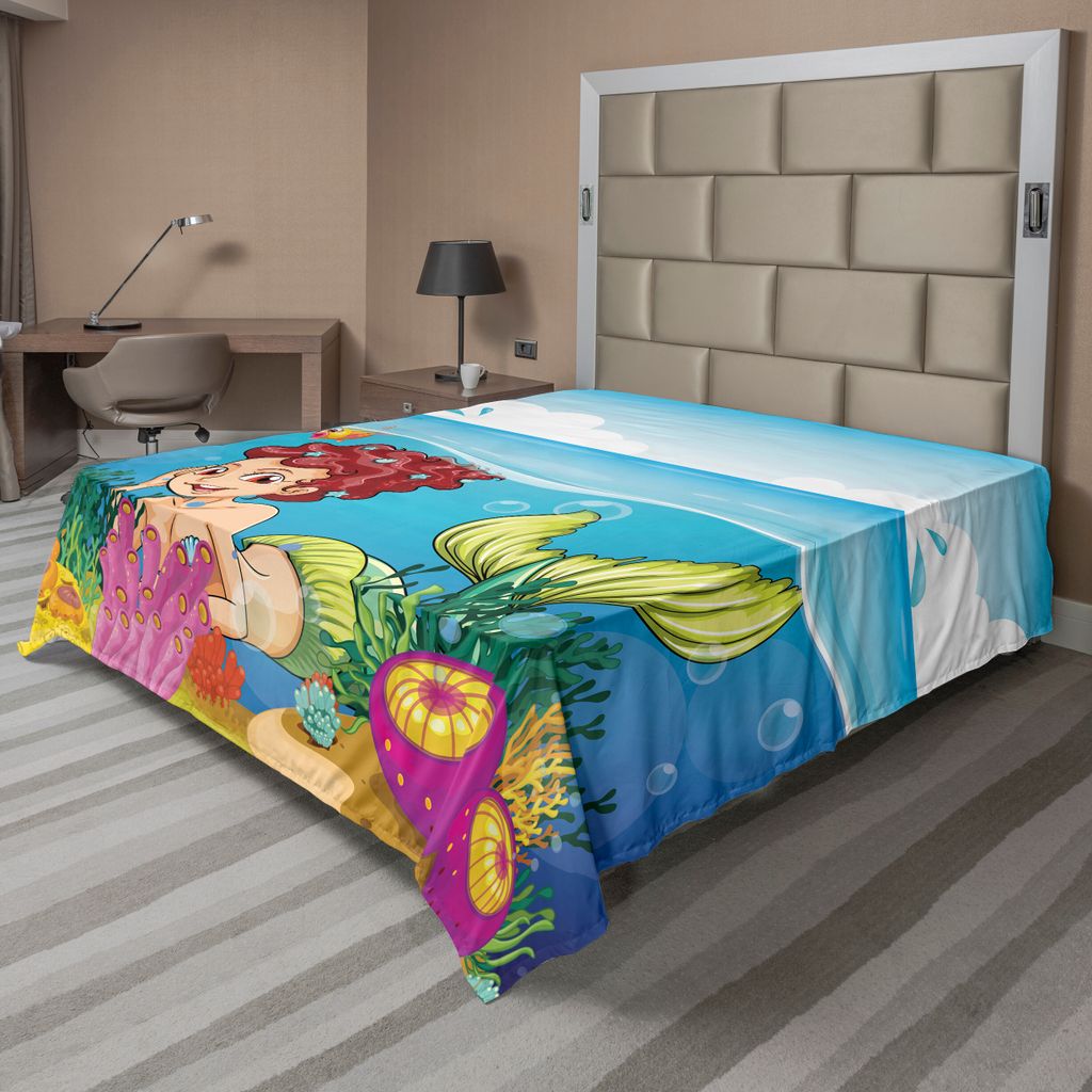 ABAKUHAUS Unterwasser- Bettlaken, Illustration Einer Lächelnde Meerjungfrau Unter Der Seegarten Palme Insel Kunst, weiches bequemes oberes Bettlak...