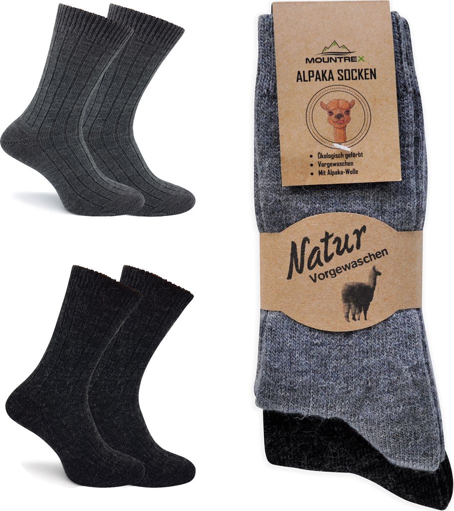 MOUNTREX Alpaka Socken, Wollsocken für Damen, Herren - Wintersocken, Kuschelsocken - 2 Paar, Grau/Anthrazit (Dünn), 35-38