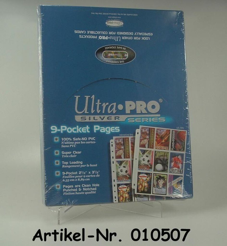 A blue box containing Ultra Pro 9-Pocket Pages Silver Series.