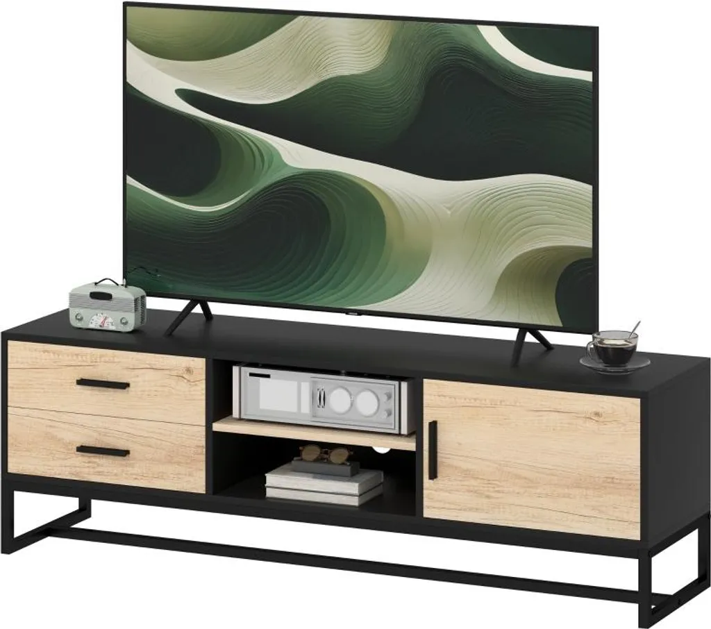 Meuble TV bois 2 tiroirs et étagères modulables pour salon moderne
