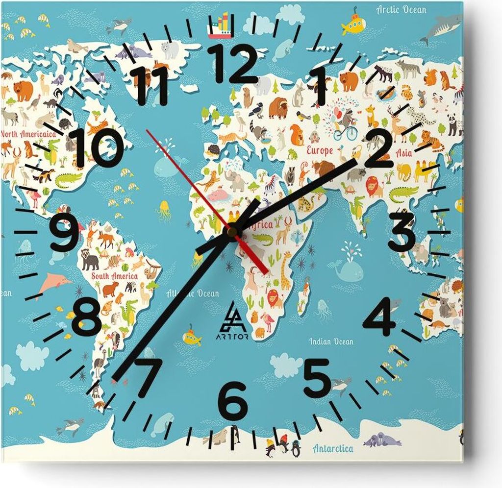 Wanduhr - Quadrat - Glasuhr - Geographie Globus Grafik Illustration - 40x40cm - Schleichendes Uhrwerk - Lautlos - zum Aufhängen bereit - Dekoratio...