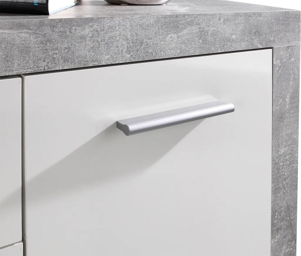 Buffet laqué blanc brillant style industriel béton avec rangements - 11