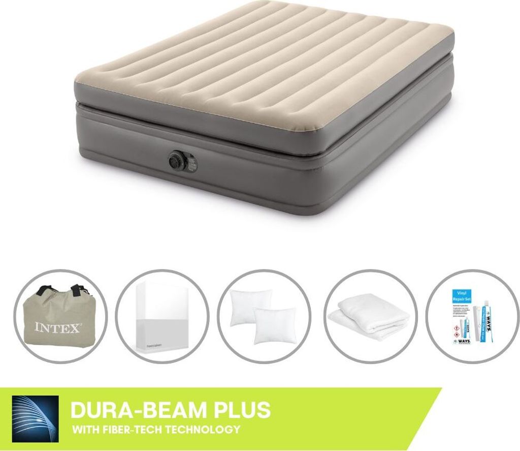 Intex Luftbett - 2 Personen - 152 x 203 x 51 cm - Grau - Mit eingebauter Pumpe, Spannbettlaken Weiß, Kopfkissen, Molton 2 in 1 Kissenbezüge en Re...