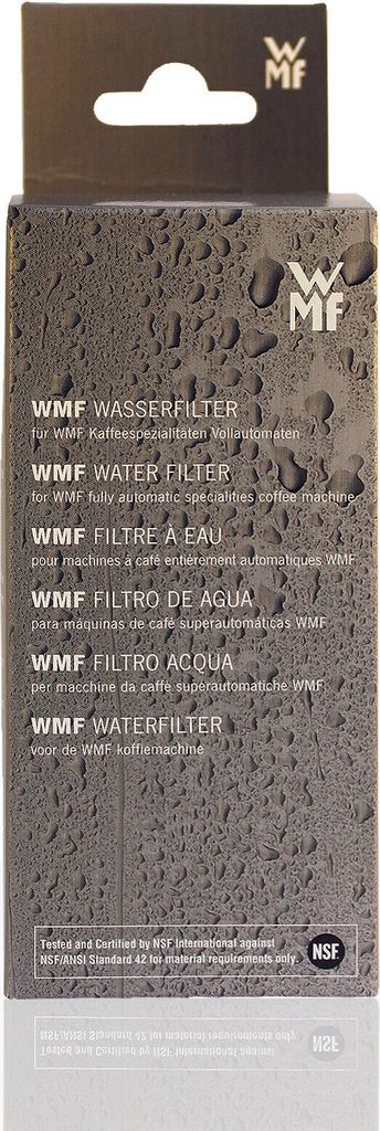 A product box for WMF water filters with multiple languages listed.