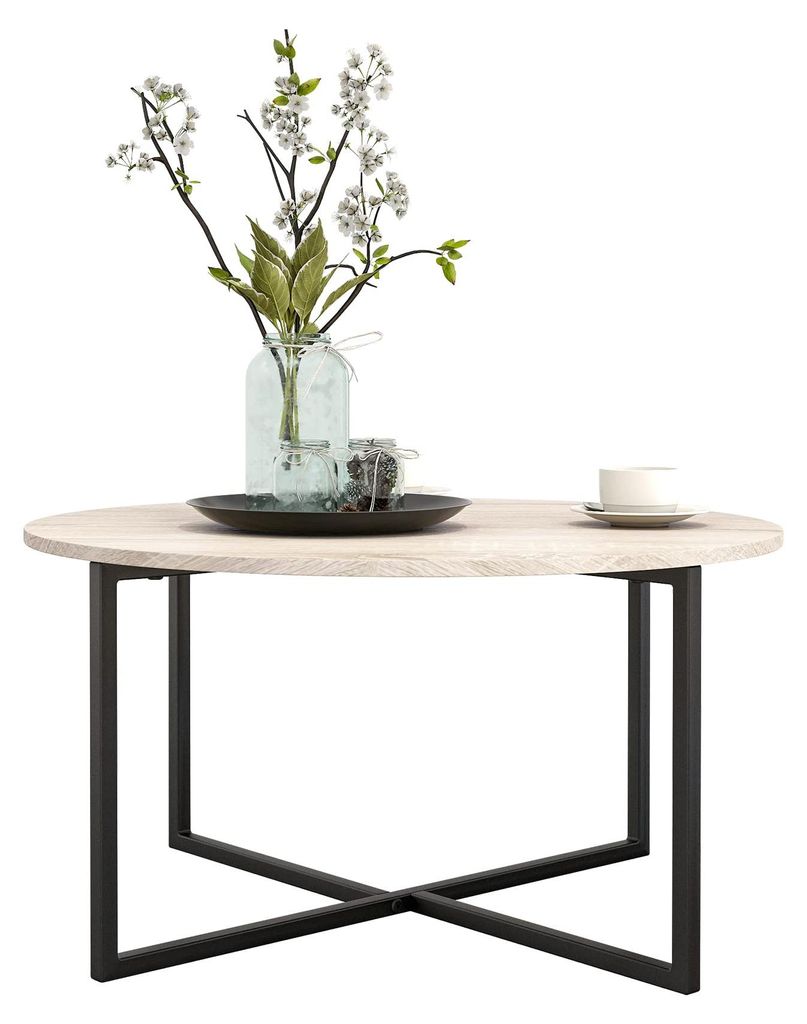 Runder Couchtisch, Beistelltisch, Konsolentisch, Metallgestell und Holzplatte, Industrie- und skandinavischer Stil, Wohnzimmertisch, modern, schwarz