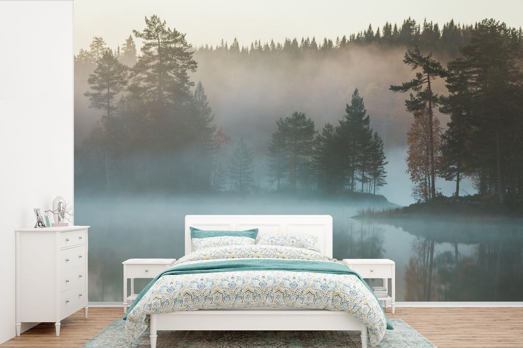 MuchoWow Fototapete für Wohnzimmer oder Schlafzimmer Wandtapete Vinyl Motivtapete Nebelschwaden über dem See bei Drammen in Norwegen - 360x240 ...