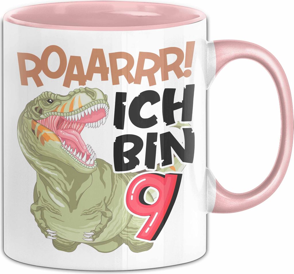 9. Geburtstag Geschenk Tasse Becher Jungs Dino T-Rex Roaarrr Ich Bin 9 (Rosa)