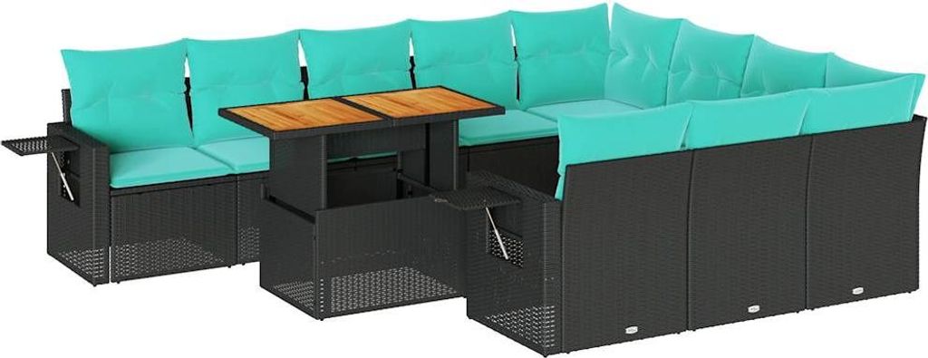 11-tlg. Garten-Sofagarnitur mit Kissen Schwarz Poly Rattan