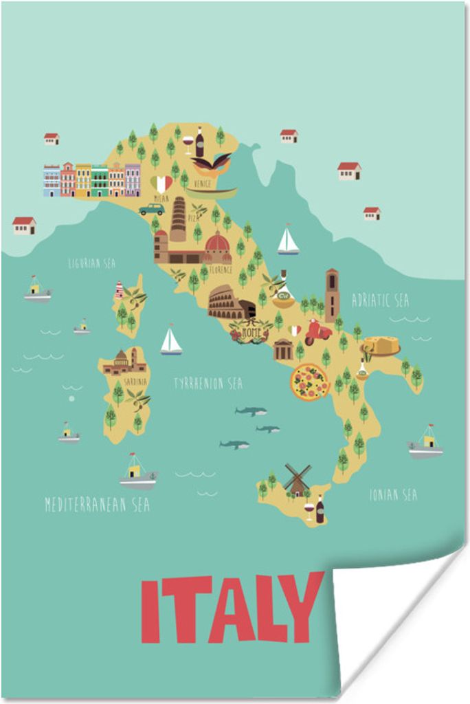 MuchoWow Poster Karte - Italien - Kinder 40x60 cm - Plakate für die Wand - Poster Babyzimmer