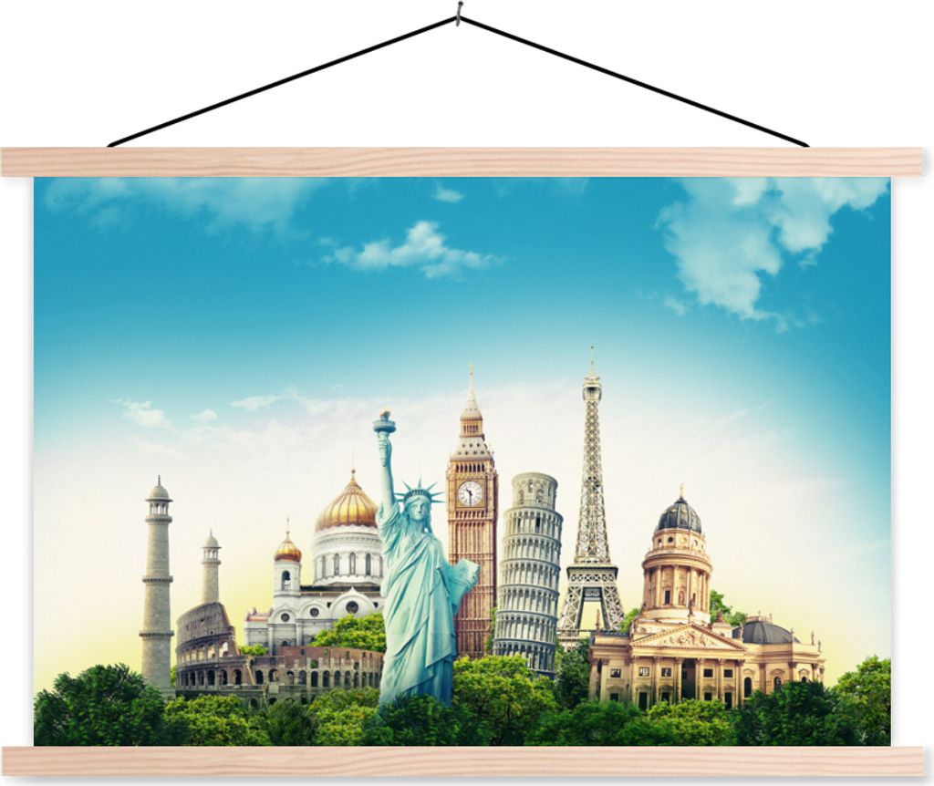 MuchoWow Textilposter Welt - Eiffelturm - Freiheitsstatue 60x40 cm mit holzfarbenen Rahmen - Bilder