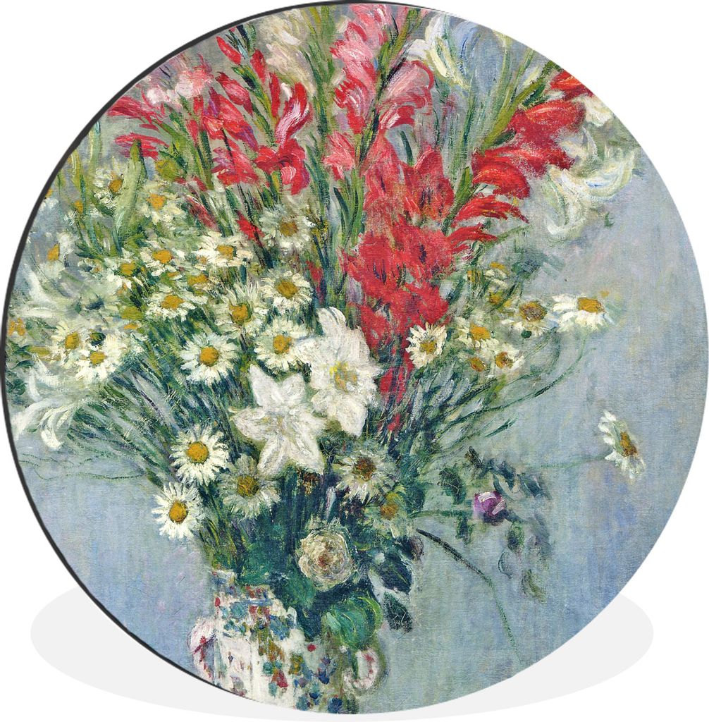 MuchoWow Aluminium Wandkreis Blumenstrauß aus Gladiolen, Gänseblümchen und Lilien - Gemälde von Claude Monet Ø 60 cm Wanddeko Modern Wohnzim...